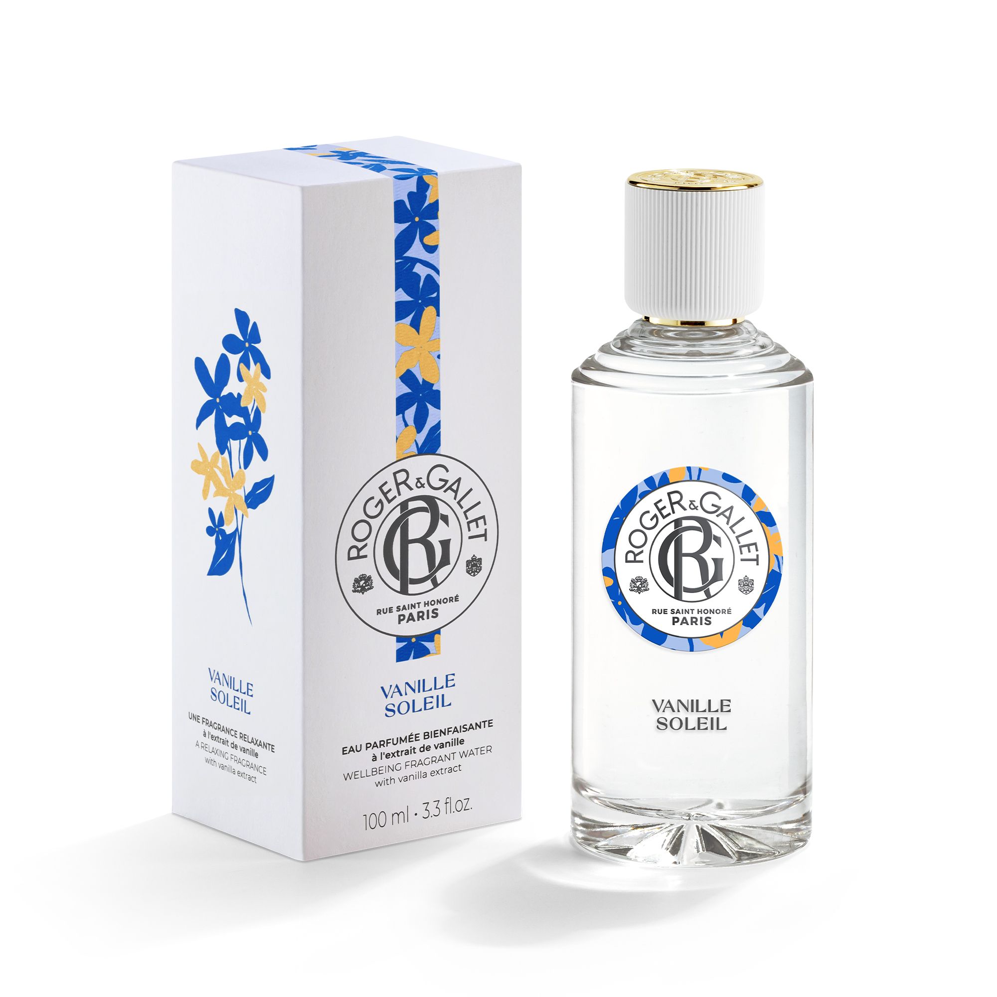 Emballage et flacon. Flacon blanc avec bouchon doré. Logo et nom du produit Vanille Soleil.