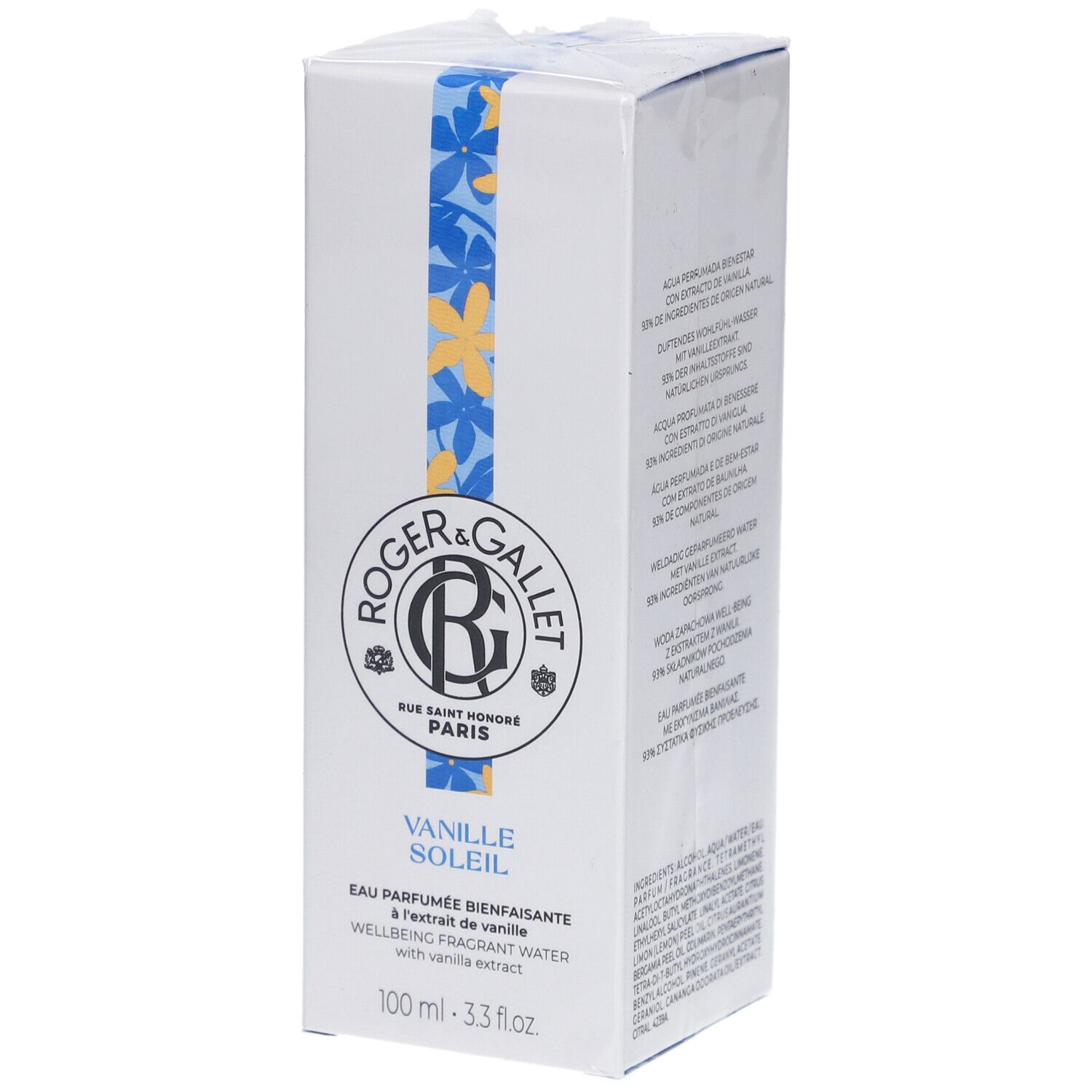 Weiße rechteckige Schachtel mit blau-gelbem Blumenmuster. Roger&Gallet Logo und Produktbezeichnung Vanille Soleil.