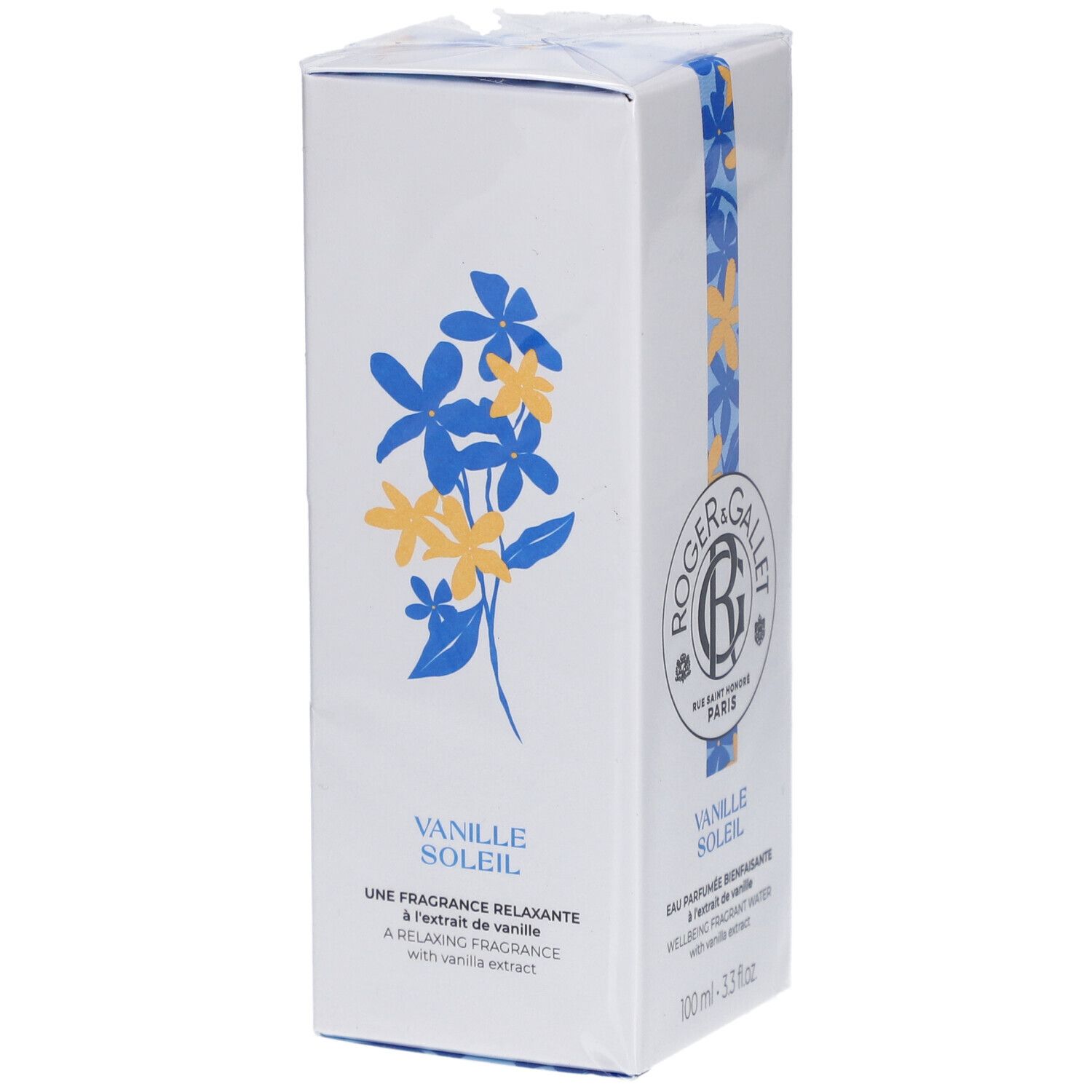 Weiße rechteckige Schachtel mit blau-gelbem Blumenmuster. Roger&Gallet Logo und Produktbezeichnung Vanille Soleil.