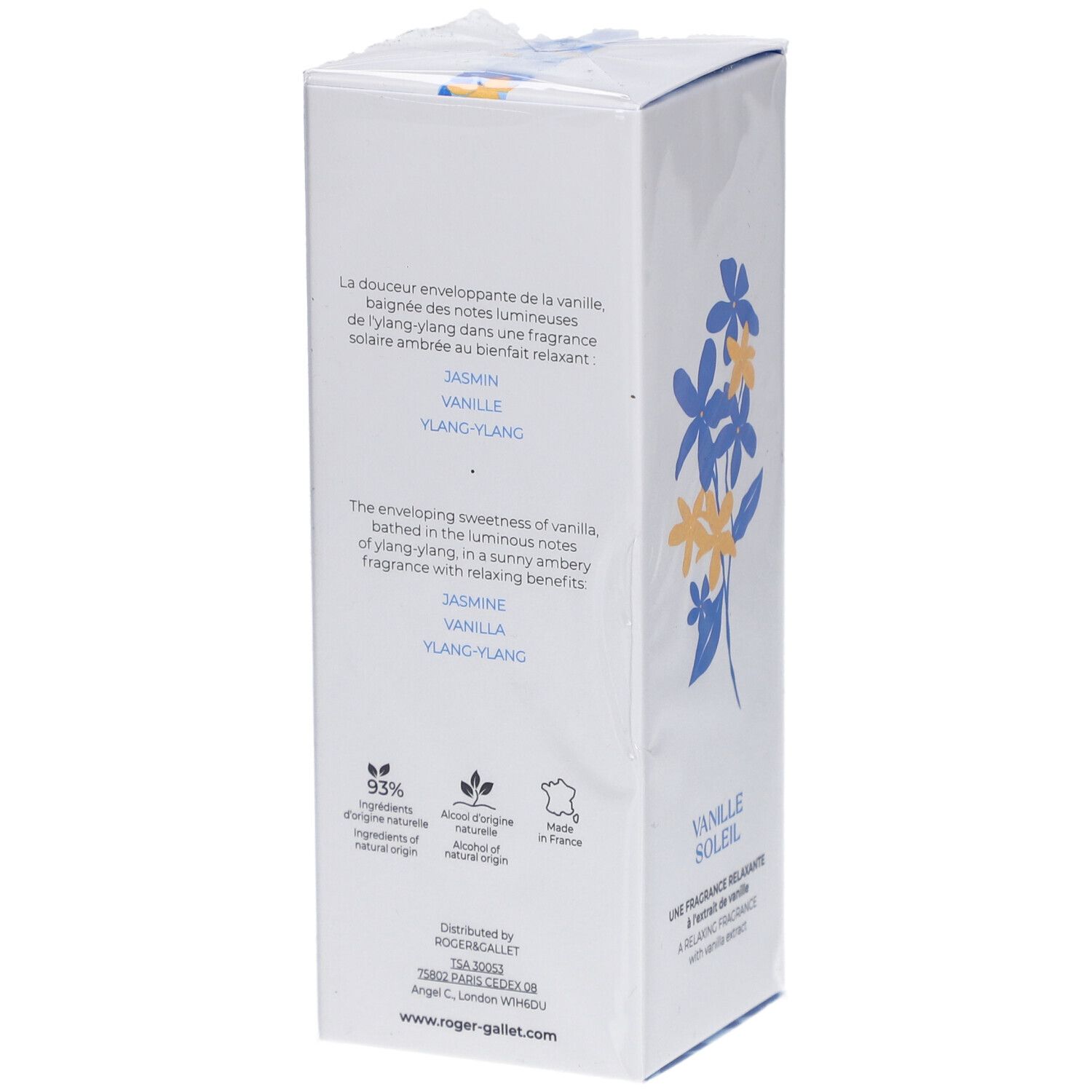Rückseite der weißen Schachtel. Text in mehreren Sprachen. Blumenmuster. Logo und Produktname Vanille Soleil.