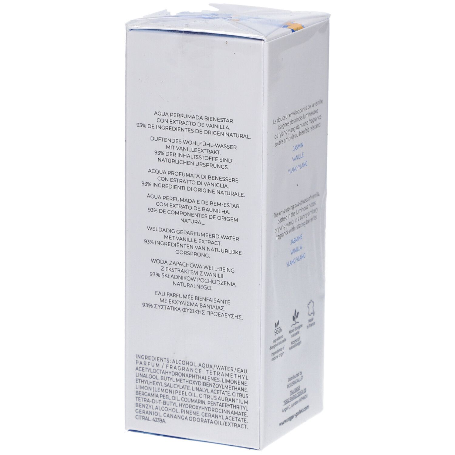 Rückseite der weißen Schachtel. Text in mehreren Sprachen. Logo und Produktname Vanille Soleil. Inhaltsstoffe.