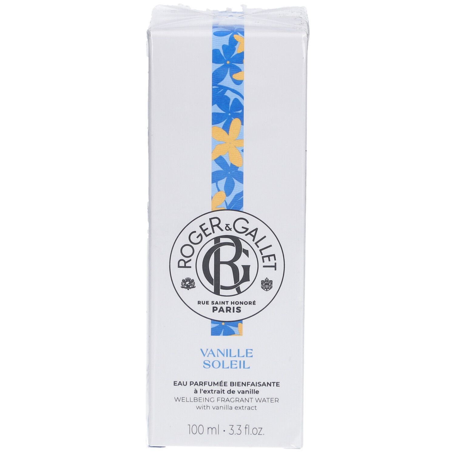 Weiße Schachtel mit blau-gelbem Blumenmuster. Roger&Gallet Logo und Produktbezeichnung Vanille Soleil.