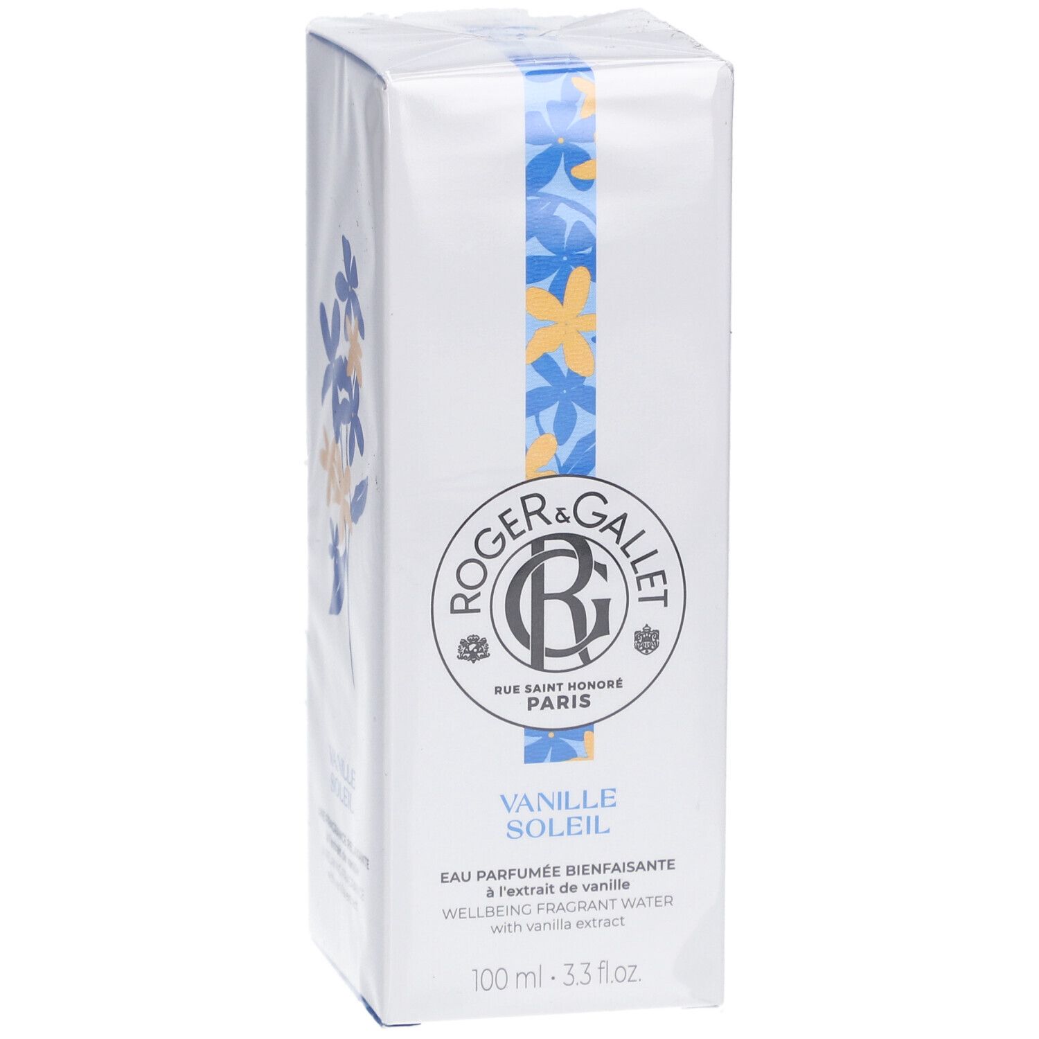 Weiße Schachtel mit blau-gelbem Blumenmuster. Roger&Gallet Logo und Produktbezeichnung Vanille Soleil.