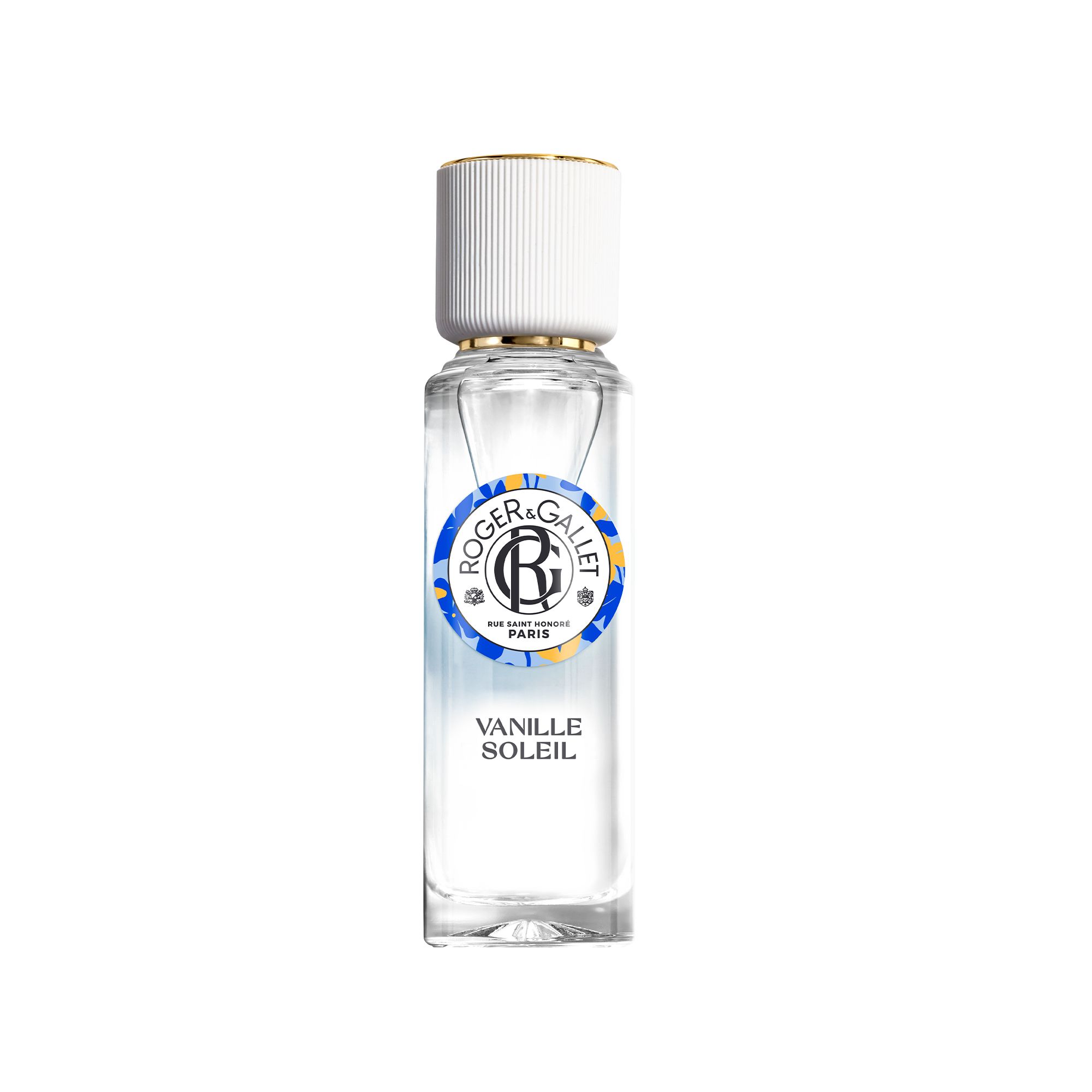 Flacon avec bouchon blanc. Marque: Roger&Gallet. Texte Vanille Soleil. 30 ml. Sur fond jaune.