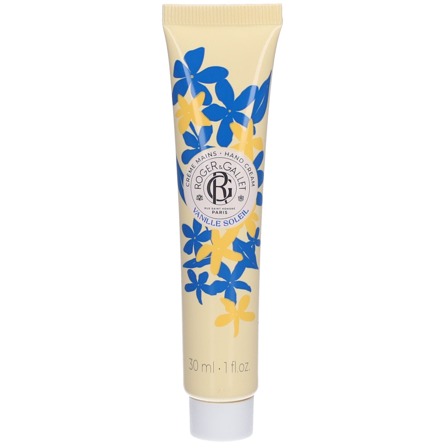 Creme Mains Hand Cream, Roger&Gallet, Vanille Soleil. Gelbe Tube mit blauen und gelben Blumen. 30 ml.