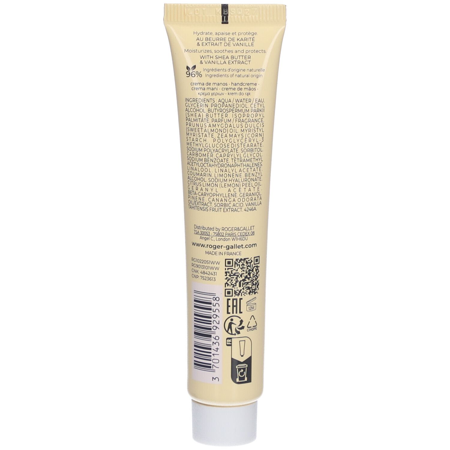 Rückseite der Handcreme-Tube. Text mit Inhaltsstoffen und Informationen. QR-Code und Recycling-Symbol.