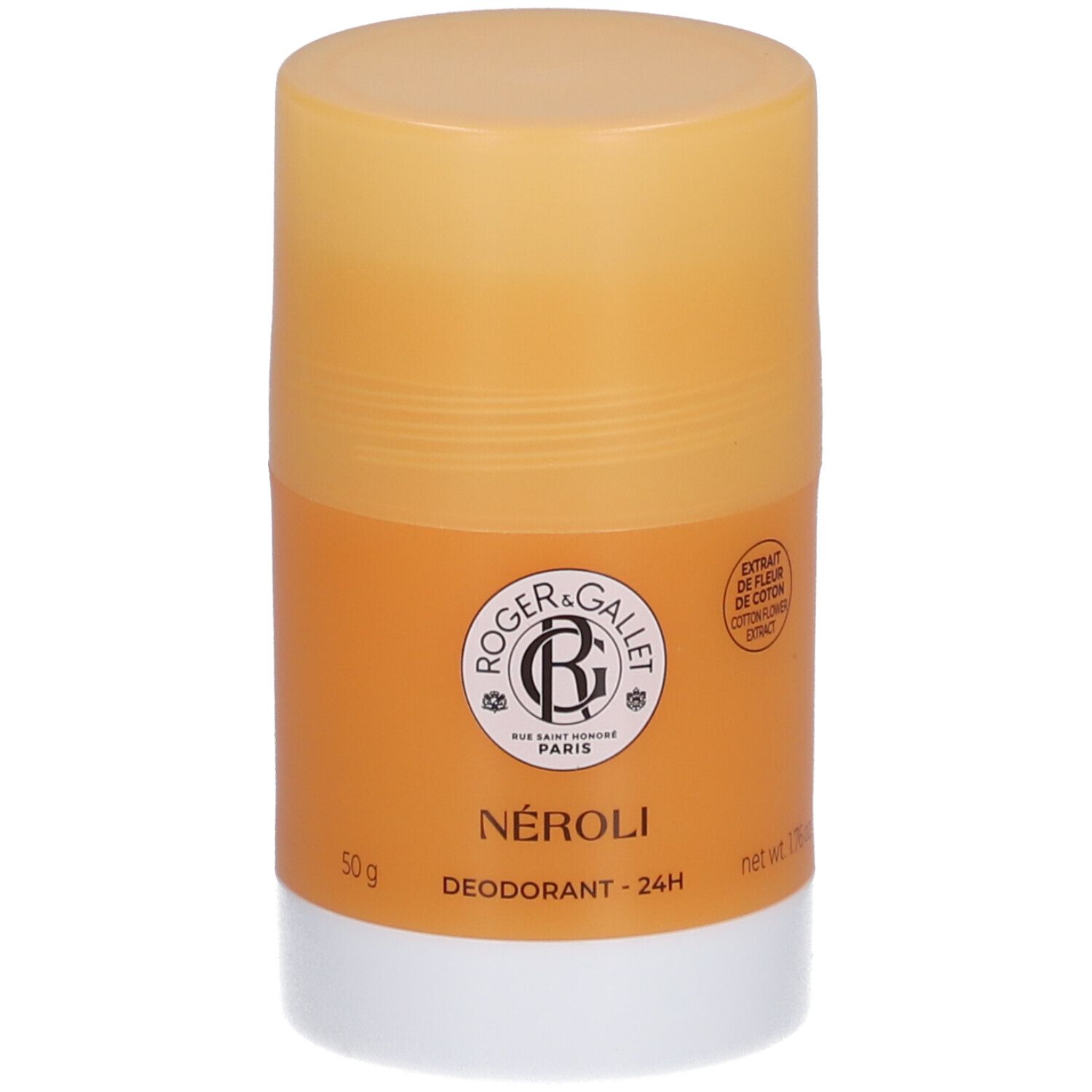 Zylindrischer Deostick. Orangefarbener Behälter mit weißem Boden. Logo und Text: Roger&Gallet, NÉROLI, Deodorant - 24H.