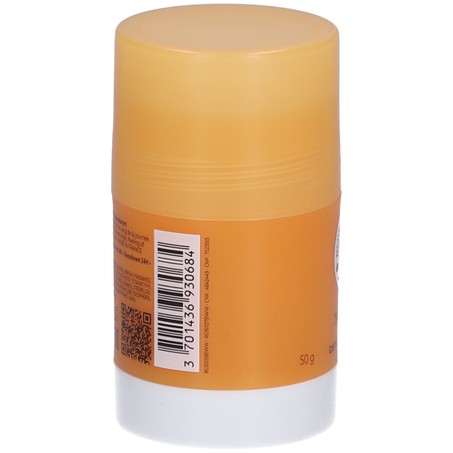 Rückseite des Deosticks. Orangefarbener Behälter mit weißem Boden. Barcode und Text.