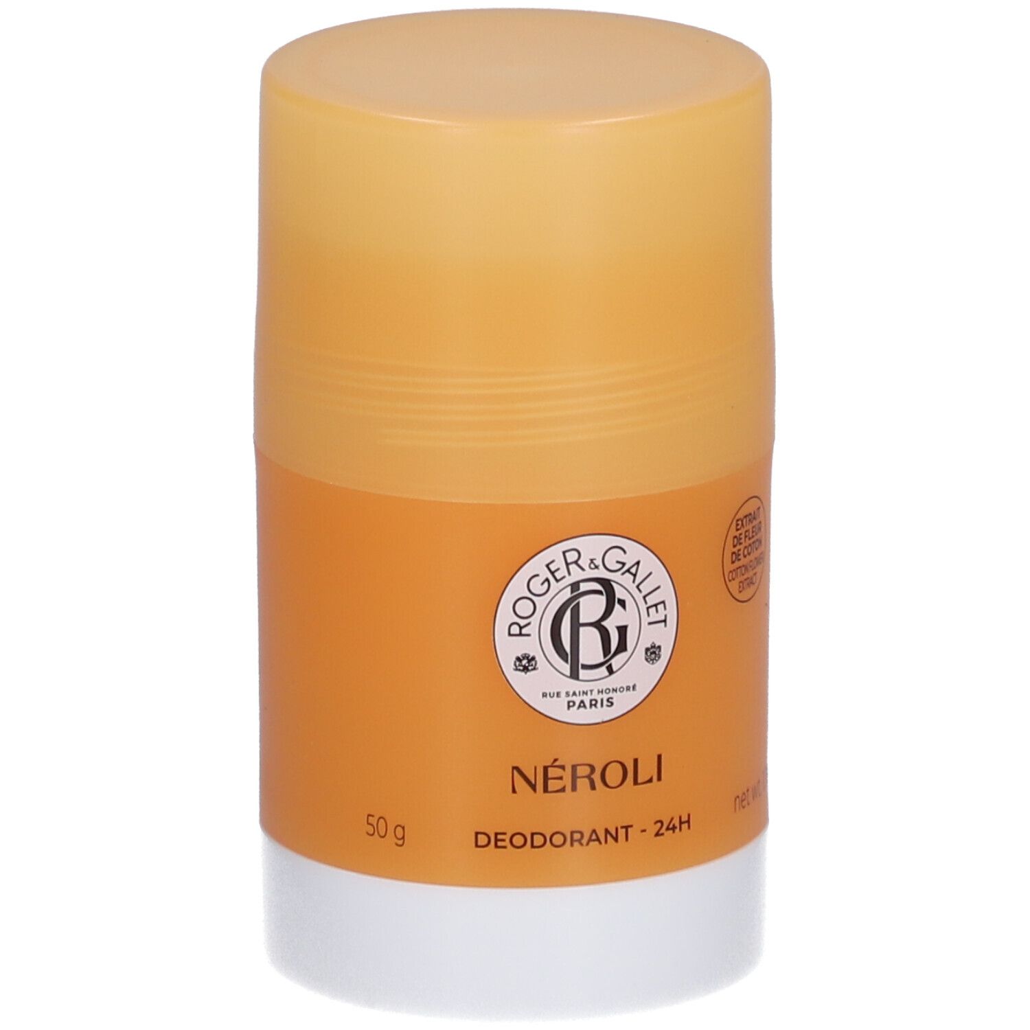 Zylindrischer Deostick. Orangefarbener Behälter mit weißem Boden. Logo und Text: Roger&Gallet, NÉROLI, Deodorant - 24H.