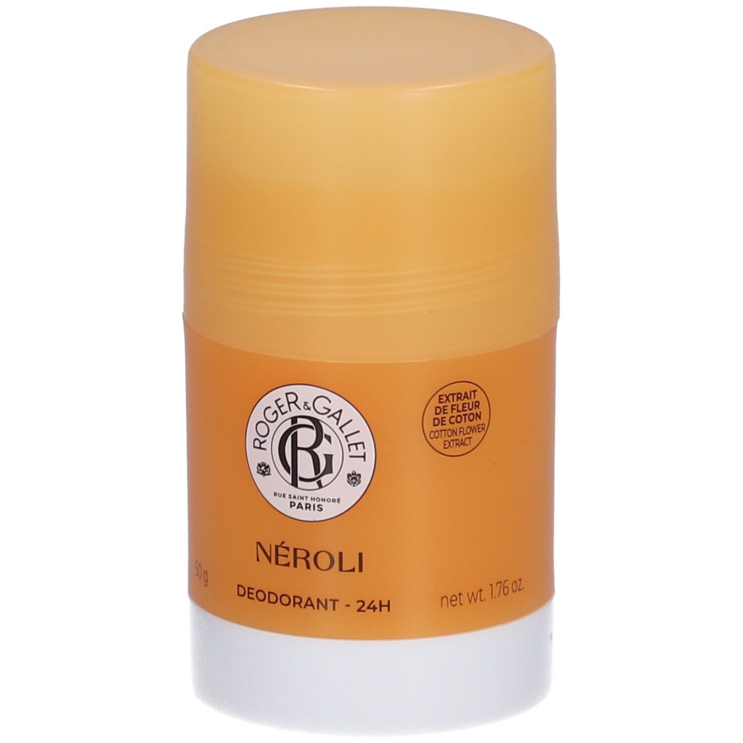 Zylindrischer Deostick. Orangefarbener Behälter mit weißem Boden. Logo und Text: Roger&Gallet, NÉROLI, Deodorant - 24H.