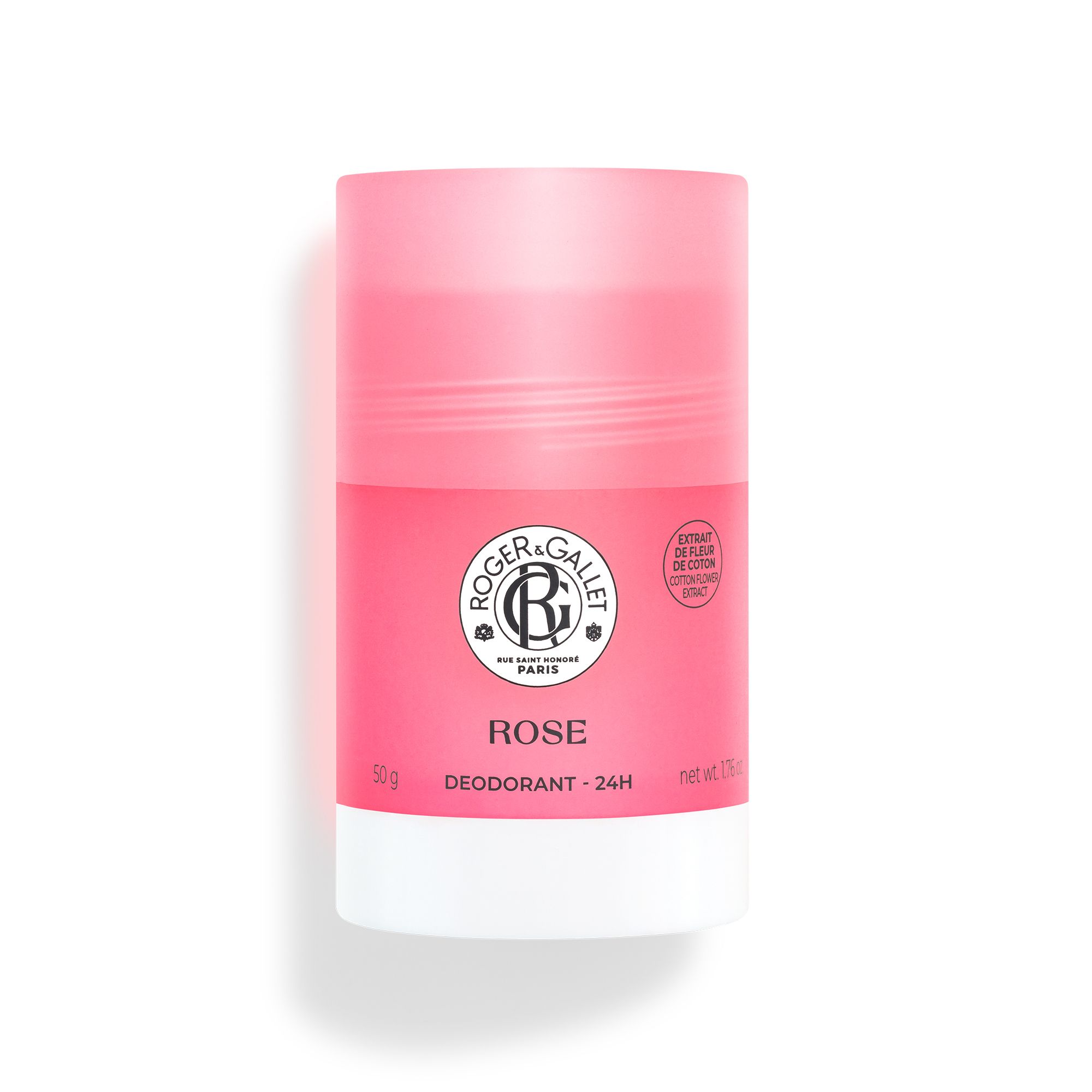 Stick déodorant rose, base blanche. Logo et texte: Rose, Déodorant 24H. 50 g.
