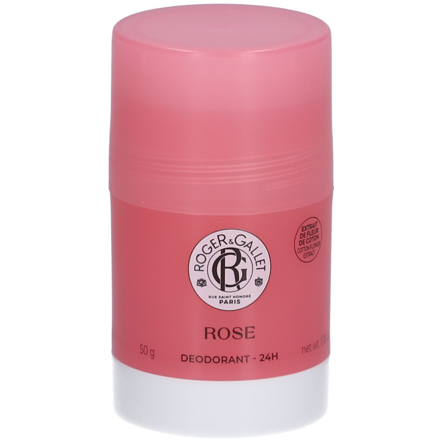 Stick déodorant rose, base blanche. Logo et texte: Rose, Déodorant 24H. Extrait de fleur de coton.