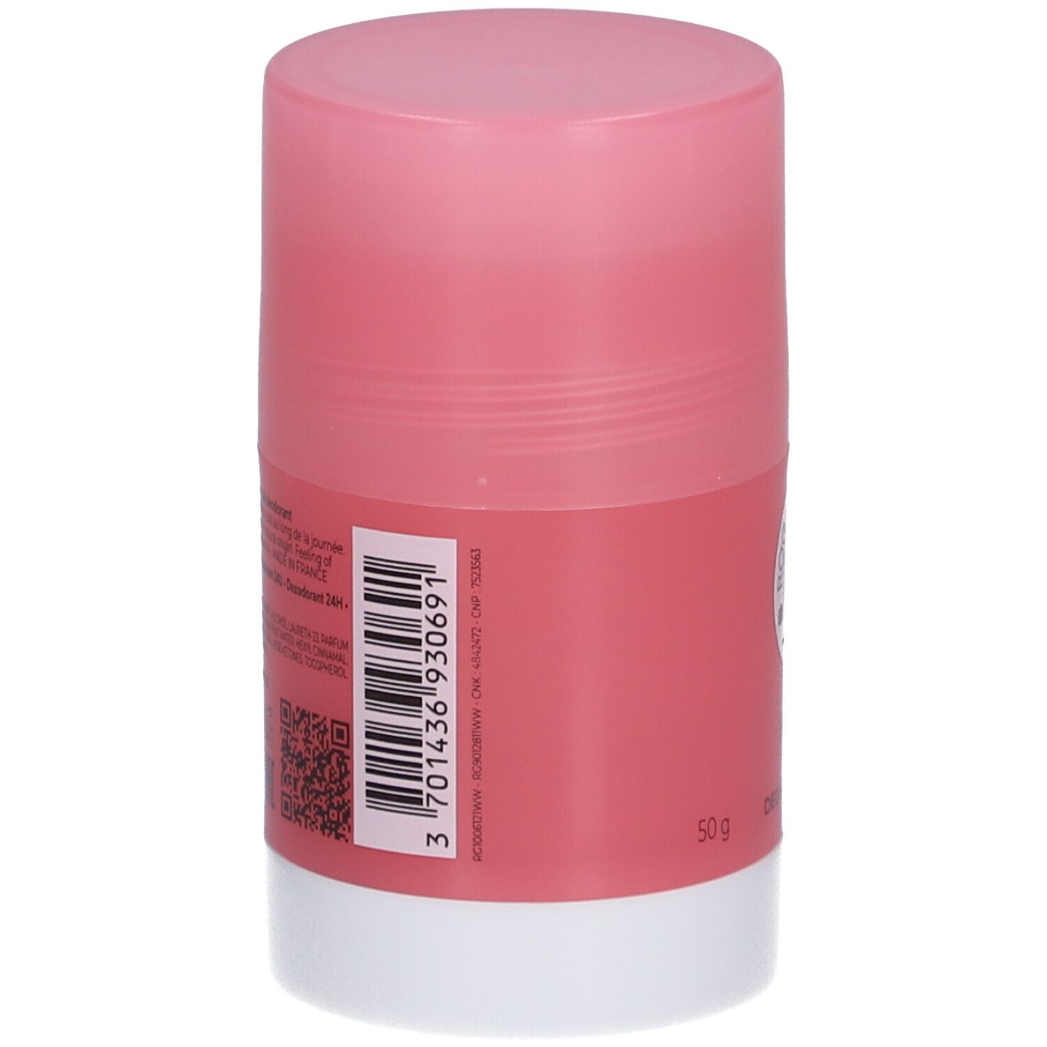 Stick déodorant rose, base blanche. Dos avec code-barres et texte. 50 g.