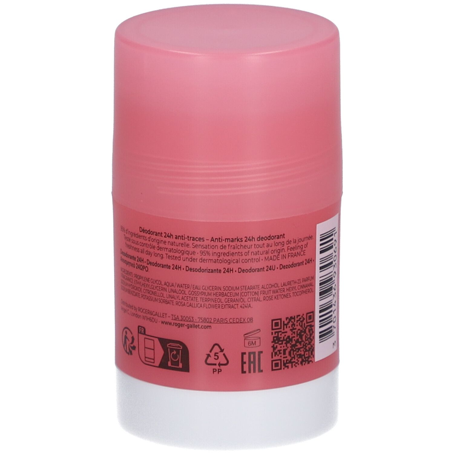 Stick déodorant rose, base blanche. Texte: Déodorant 24h anti-traces. 50 g.