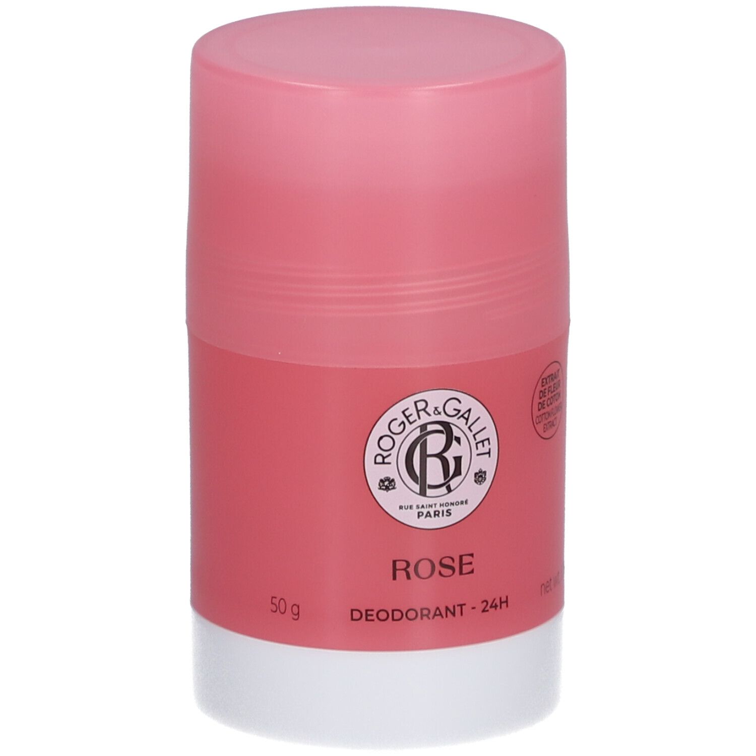 Stick déodorant rose, base blanche. Logo et texte: Rose, Déodorant 24H. 50 g.