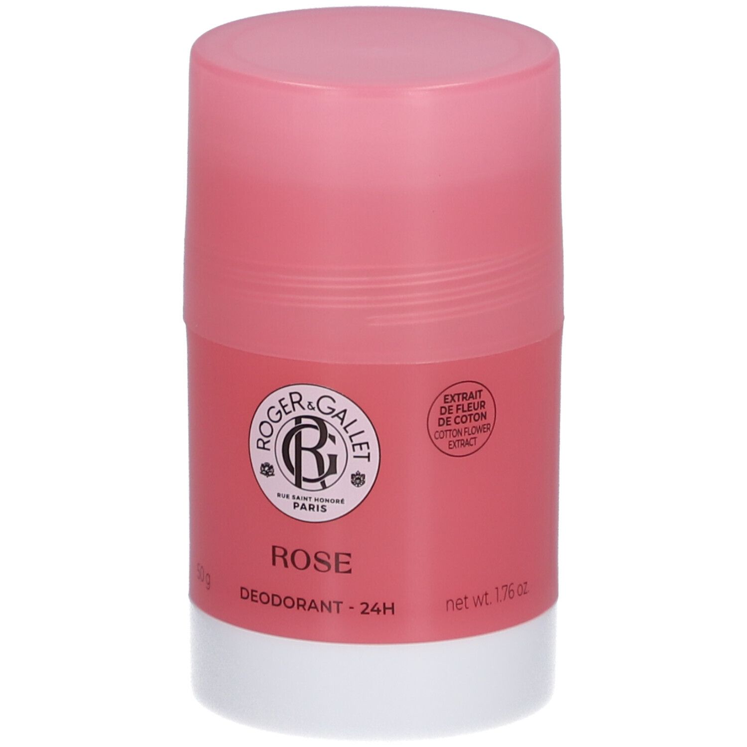 Stick déodorant rose, base blanche. Logo et texte: Rose, Déodorant 24H. Net 1.76 oz.