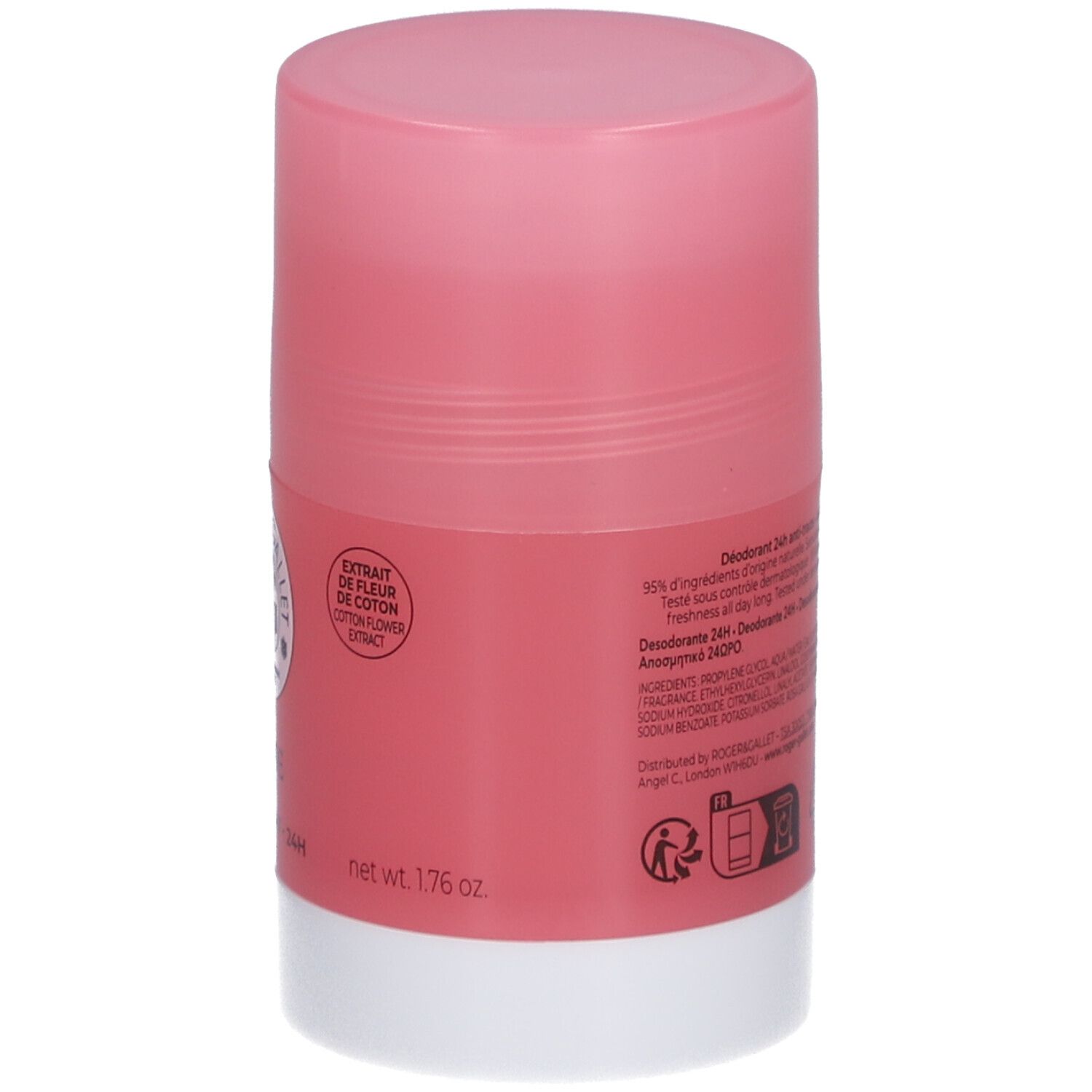 Stick déodorant rose, base blanche. Dos avec texte. Net 1.76 oz.