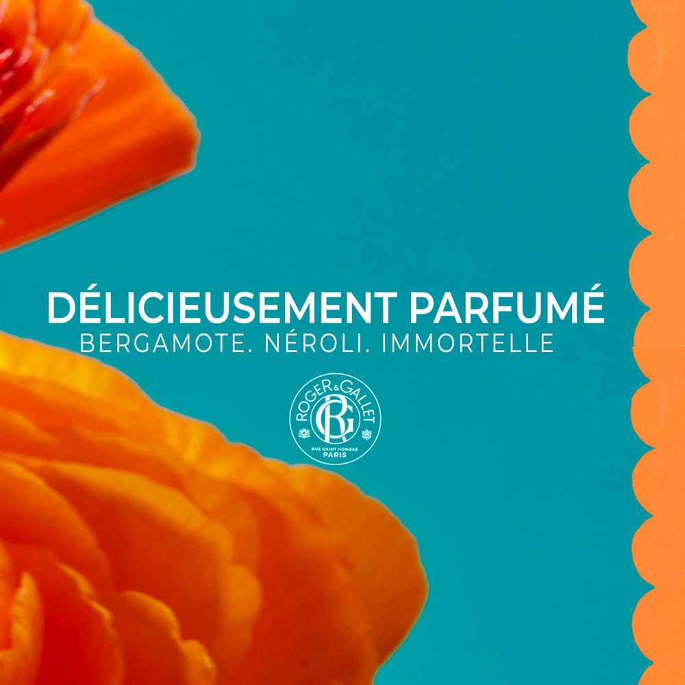 Gros plan de fleurs et texte: Délicieusement Parfumé. Logo Roger & Gallet.