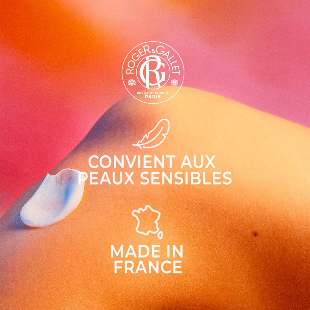 Peau avec crème. Texte: Convient aux peaux sensibles. Made in France.