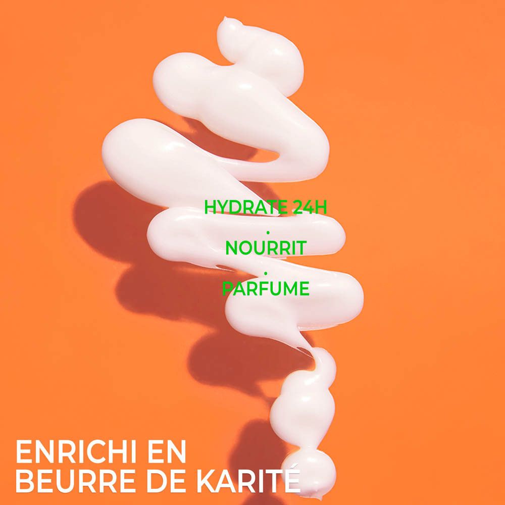 Crème sur fond orange. Texte: Hydrate 24H, Nourrit, Parfume.