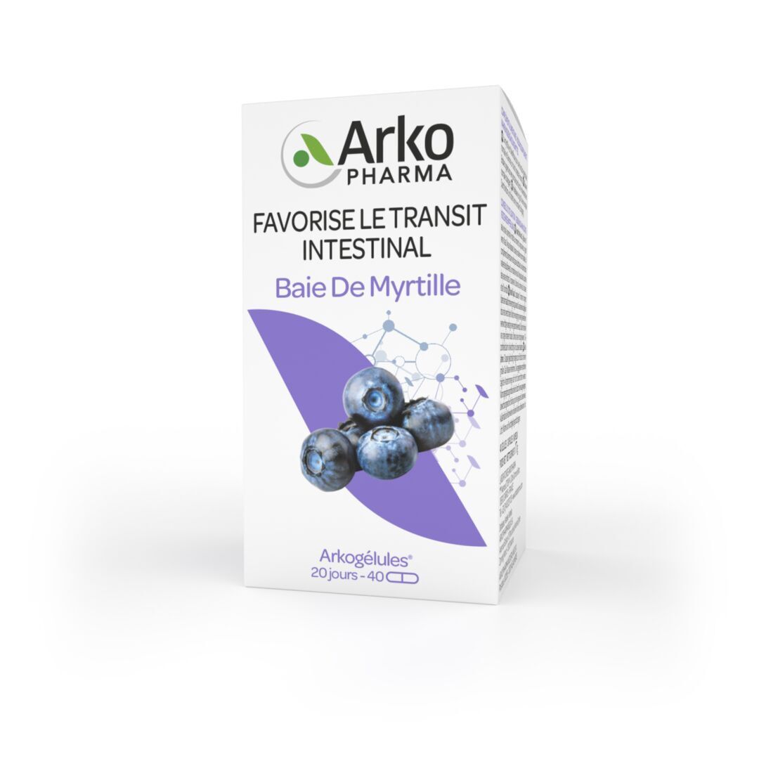 Emballage du produit, boîte blanche avec informations produit et illustration de myrtilles. Marque : Arko Pharma.