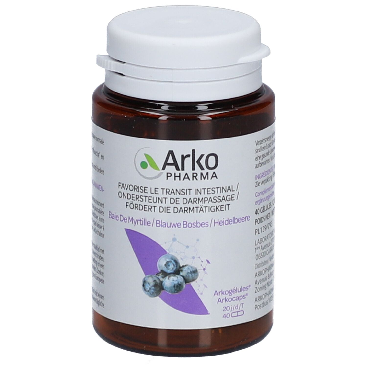 Braune Flasche mit weißen Deckel. Aufkleber mit Produktinformationen und Blaubeeren-Illustration. Marke: Arko Pharma.