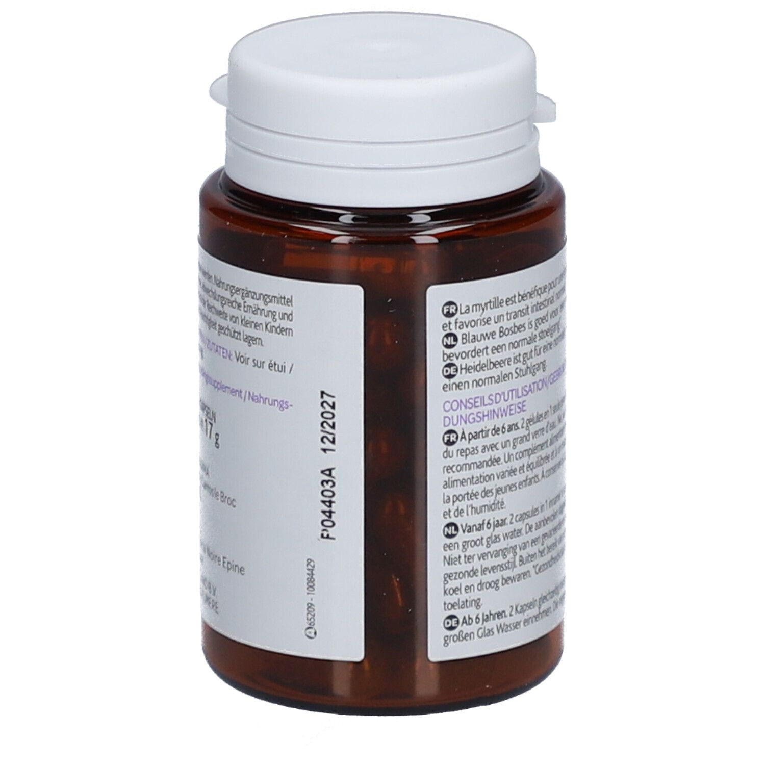 Rückseite der braunen Flasche mit weißen Deckel. Produktinformationen, Chargennummer und Verfallsdatum. Marke: Arko Pharma.