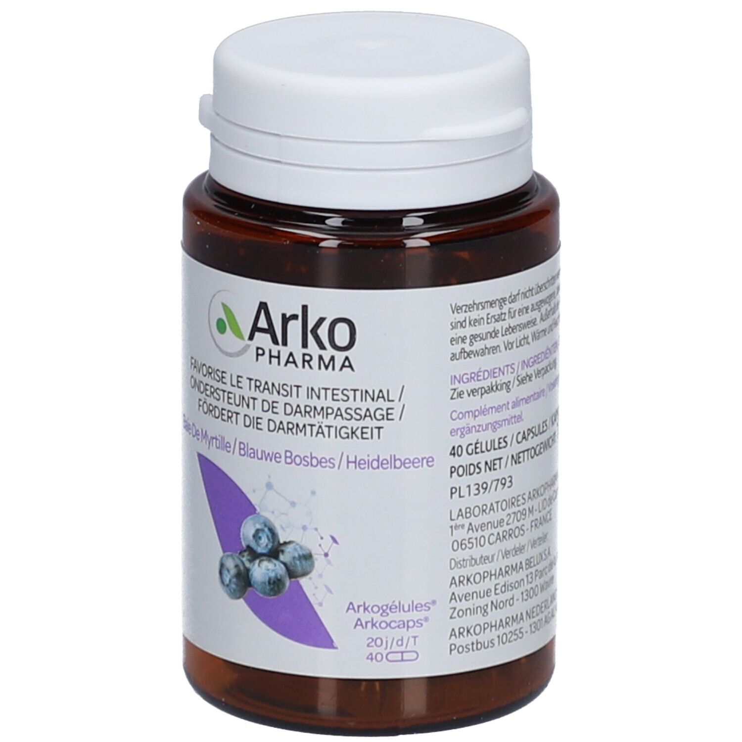 Braune Flasche mit weißen Deckel. Aufkleber mit Produktinformationen und Blaubeeren-Illustration. Marke: Arko Pharma.