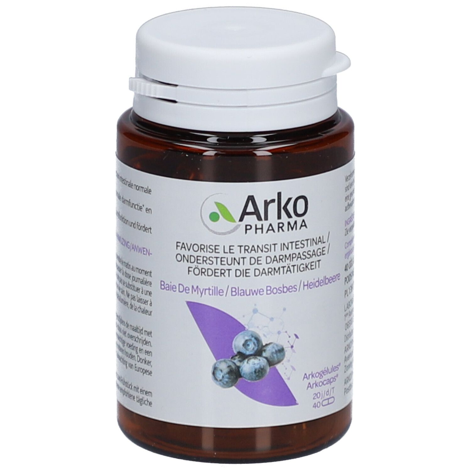 Braune Flasche mit weißen Deckel. Aufkleber mit Produktinformationen und Blaubeeren-Illustration. Marke: Arko Pharma.