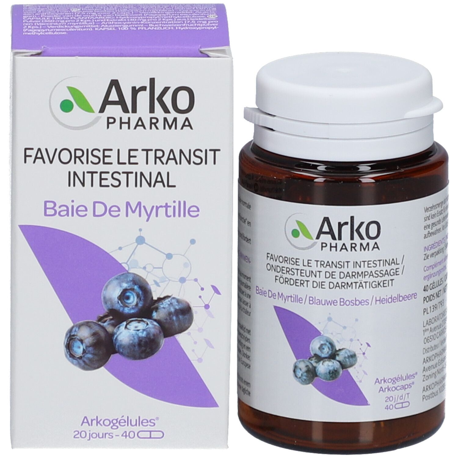 Produktverpackung mit Flasche und Schachtel. Schachtel mit Produktinformationen und Blaubeeren-Illustration. Marke: Arko Pharma.