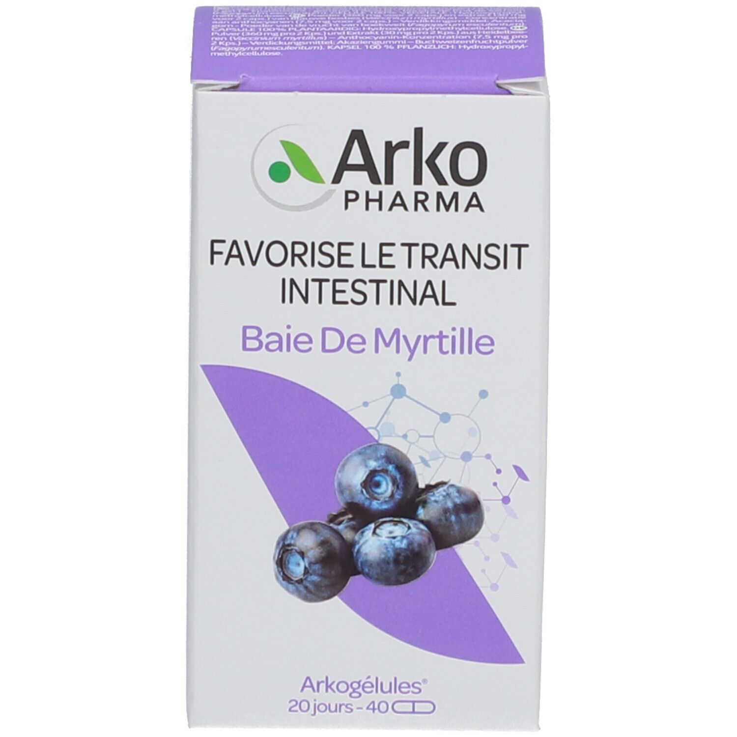 Produktverpackung, weiße Schachtel mit Produktinformationen und Blaubeeren-Illustration. Marke: Arko Pharma.
