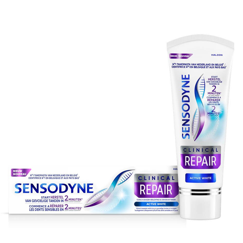 Zahncreme-Tube und -Verpackung. Sensodyne Clinical Repair Active White. Weiß-lila Design. Text: Clinical Repair, Active White.