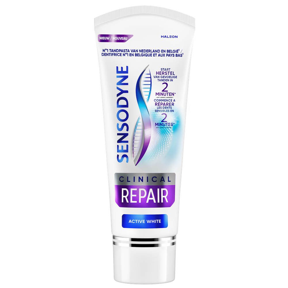 Tube de dentifrice Sensodyne Clinical Repair Active White. Design blanc et violet. Texte: Clinical Repair, Active White. 75ml.