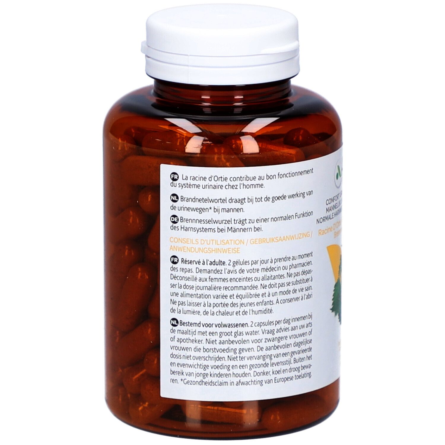 Rückseite der braunen Flasche mit weißen Deckel. Text in mehreren Sprachen. Enthält 150 Kapseln.