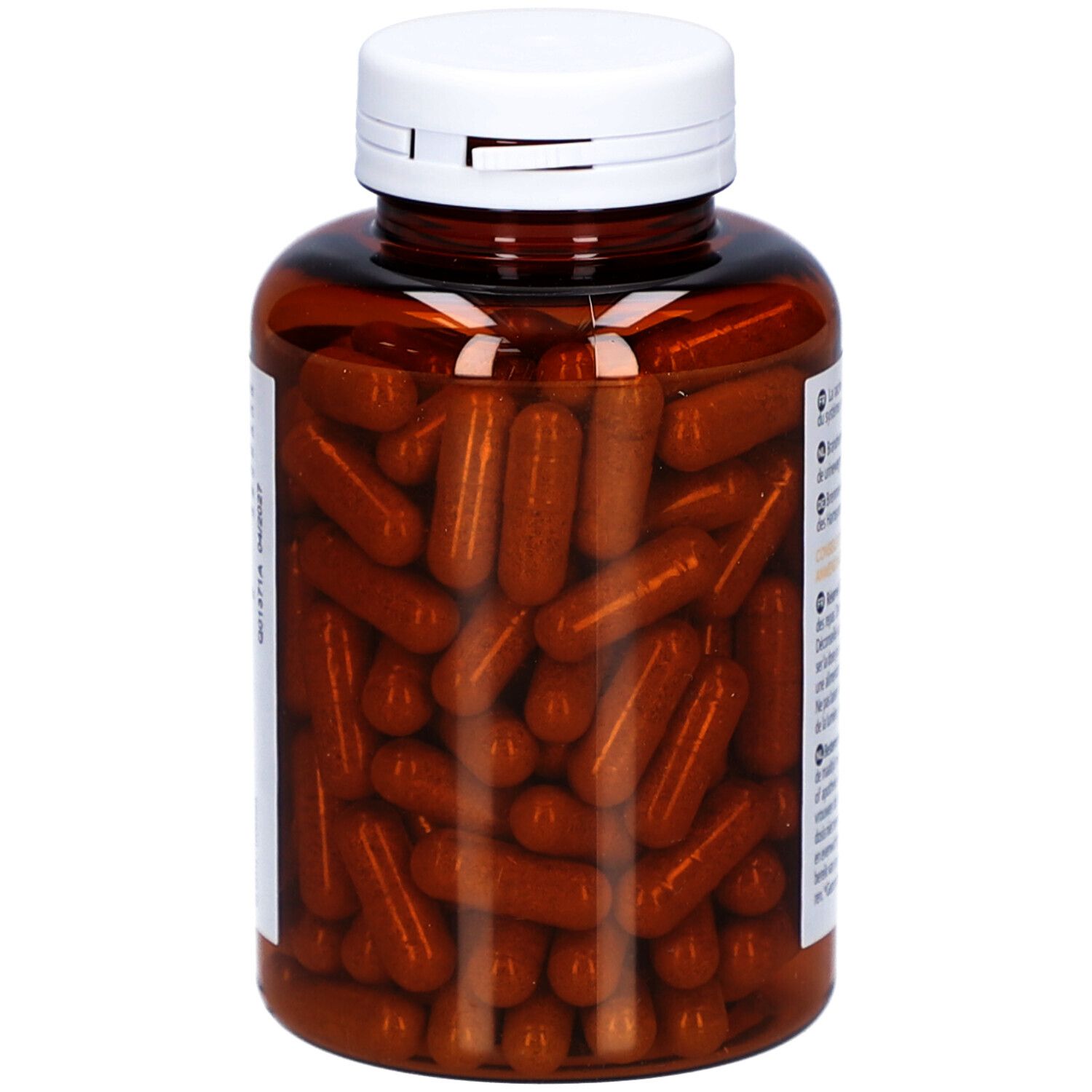 Braune Kapseln in einer braunen Flasche mit weißem Deckel. Sichtbare Kapseln.