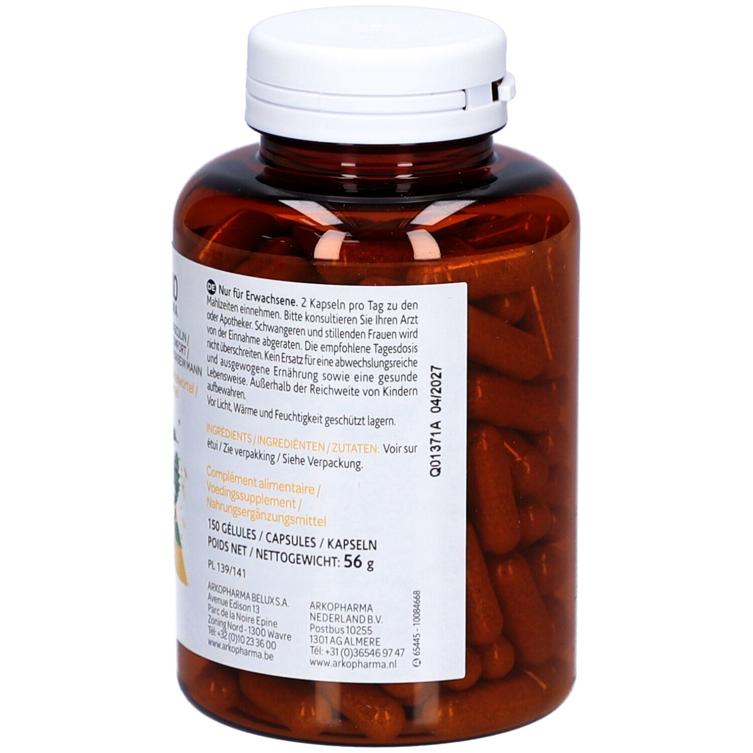 Rückseite der braunen Flasche mit weißen Deckel. Text und Informationen. 150 Kapseln, 56 g.