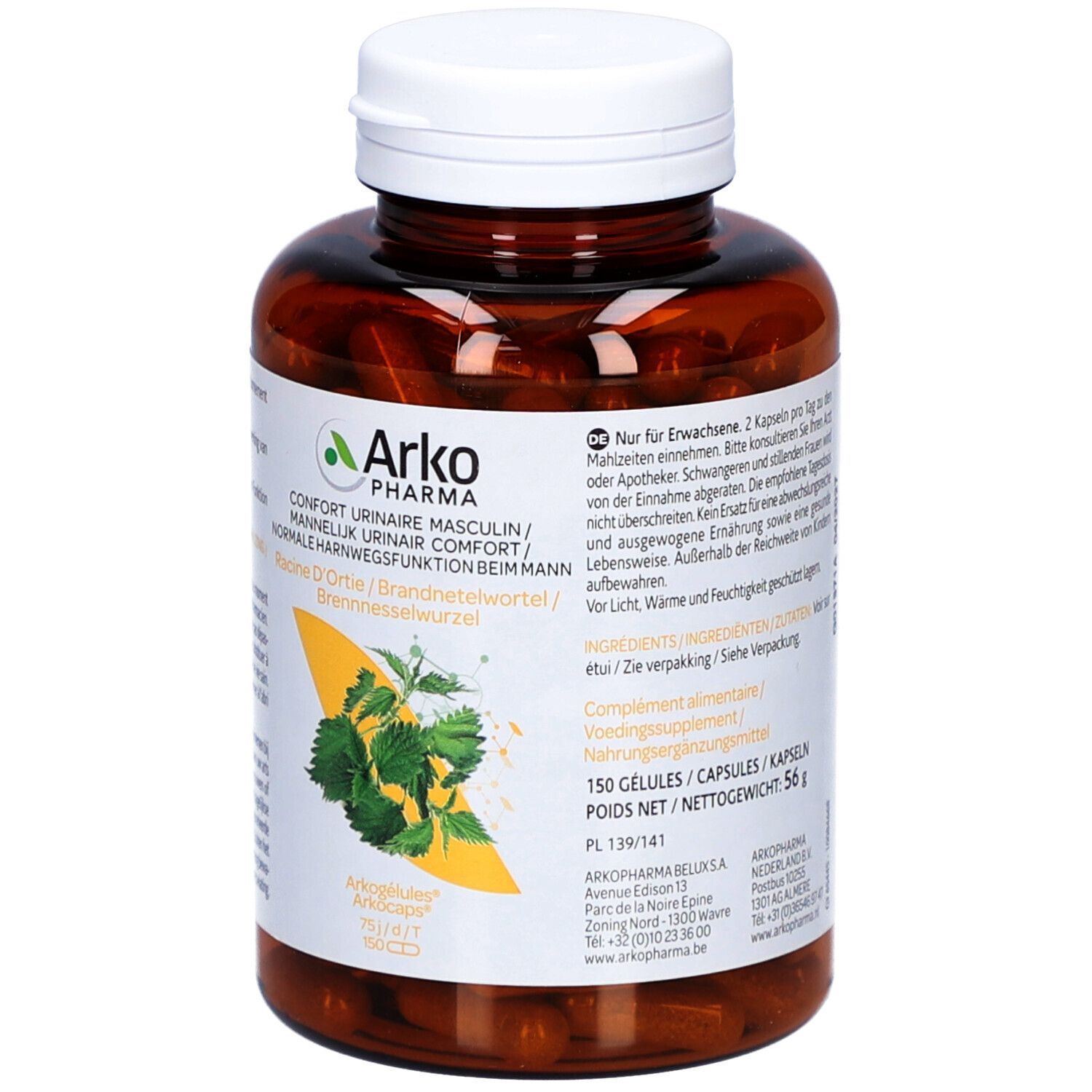 Braune Flasche mit weißen Deckel. Aufschrift: Arkopharma, Confort Urinaire Masculin, Racine D'Ortie. 150 Kapseln.