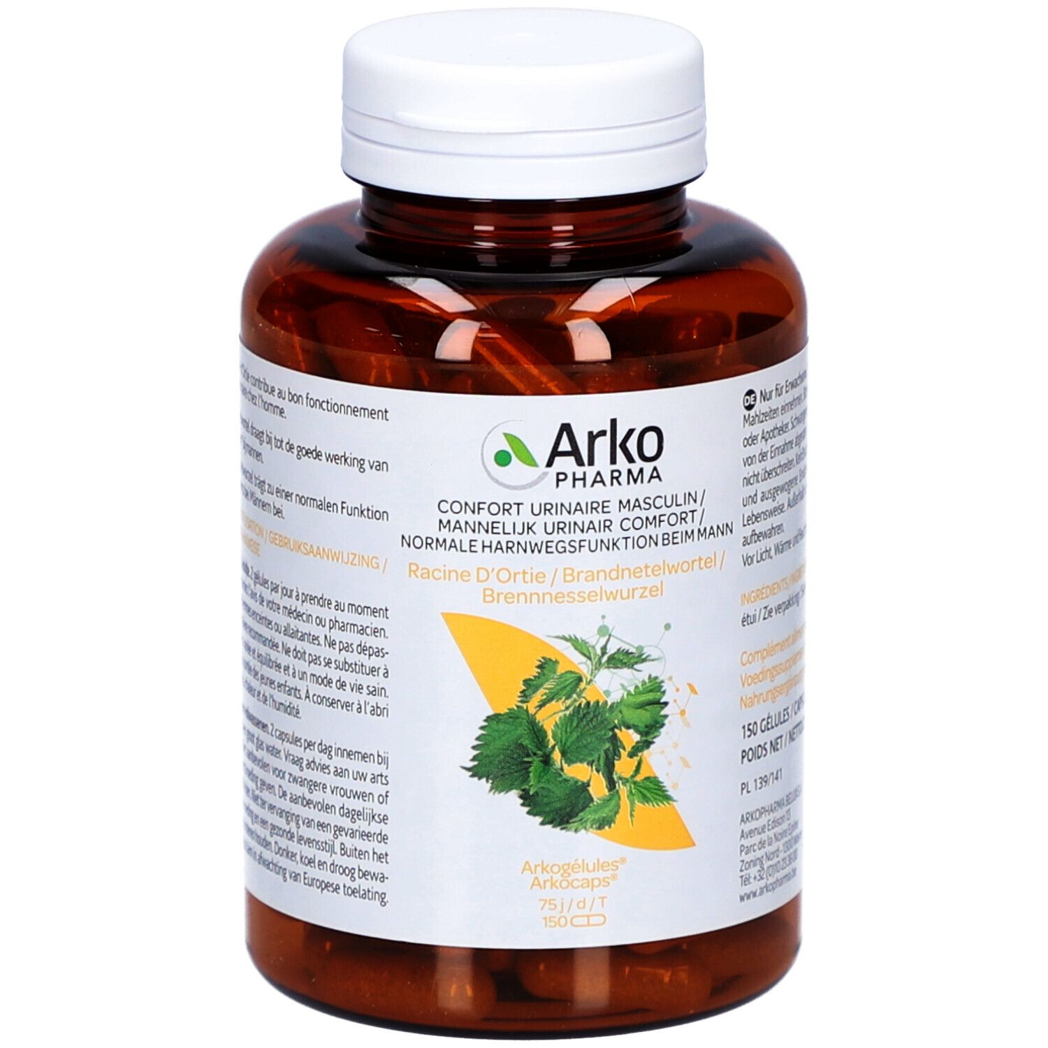 Braune Flasche mit weißen Deckel. Aufschrift: Arkopharma, Confort Urinaire Masculin, Racine D'Ortie. 150 Kapseln.