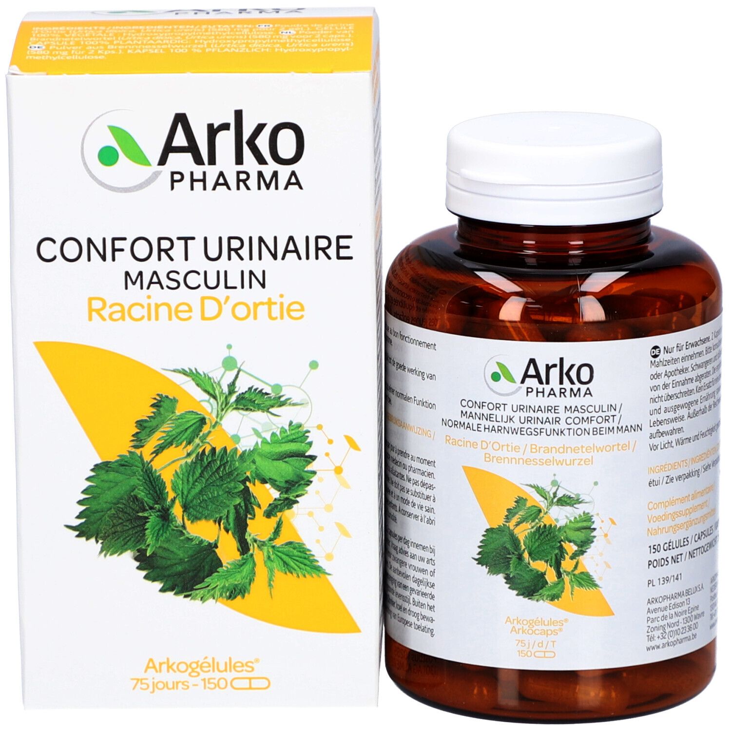 Produktverpackung und Flasche. Aufschrift: Arkopharma, Confort Urinaire Masculin, Racine D'Ortie. 150 Kapseln.