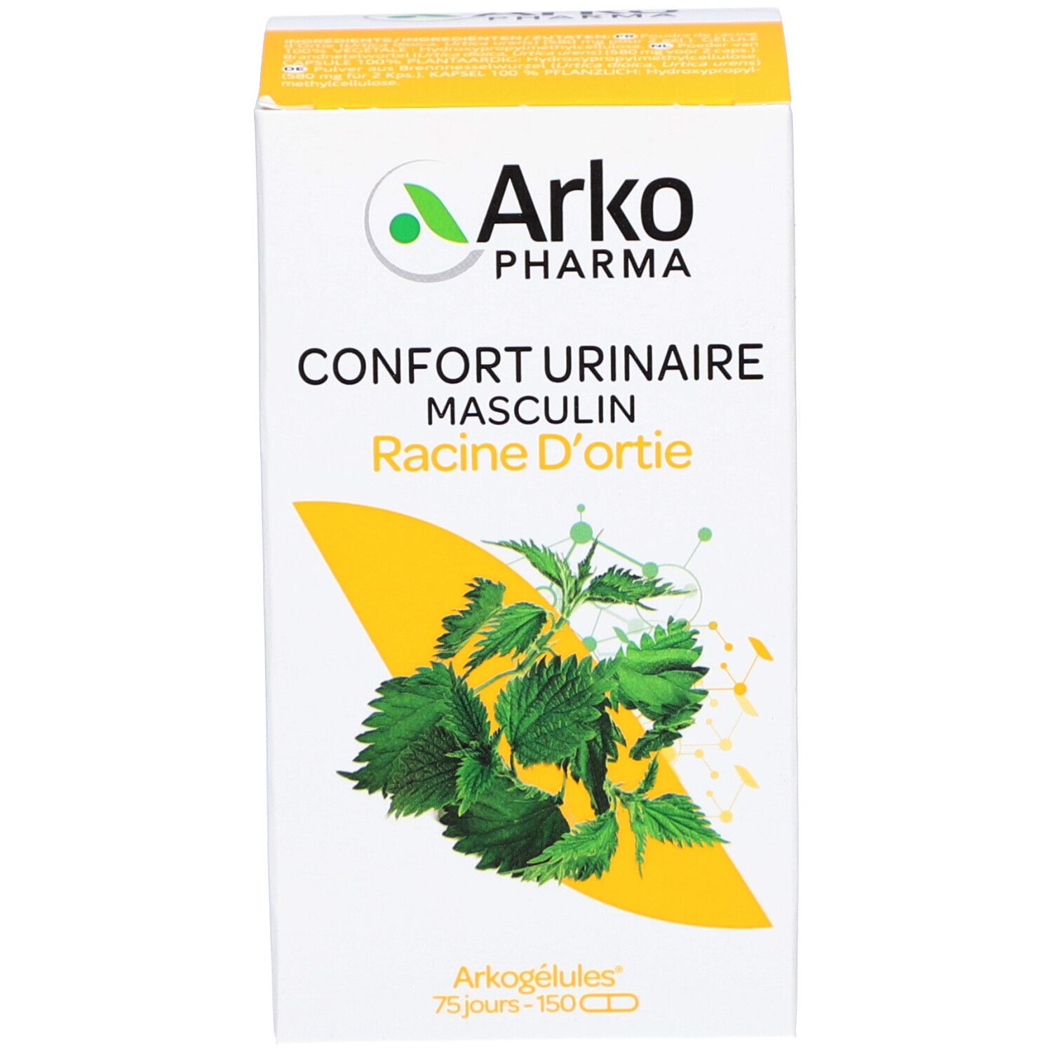 Produktverpackung. Aufschrift: Arkopharma, Confort Urinaire Masculin, Racine D'Ortie. 150 Kapseln.