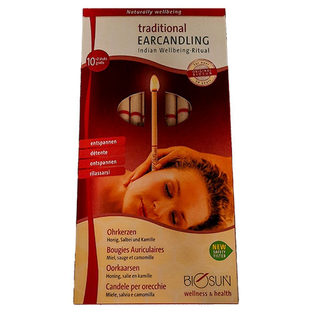Boîte de bougies auriculaires. Texte : "traditional EARCANDLING". Marque : Biosun. Inscription : "10 + 2 gratuits". Femme avec bougie à l'oreille.