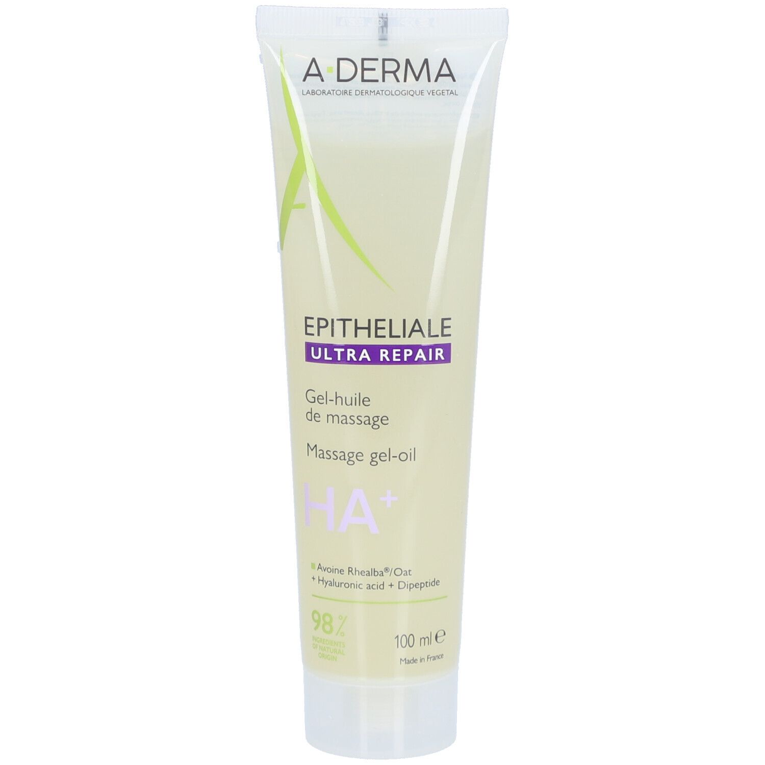 A-Derma Epitheliale Ultra Repair Massage Gel-Öl. Tube mit gelbem Inhalt. Beschriftung: HA+, 98%, 100 ml.