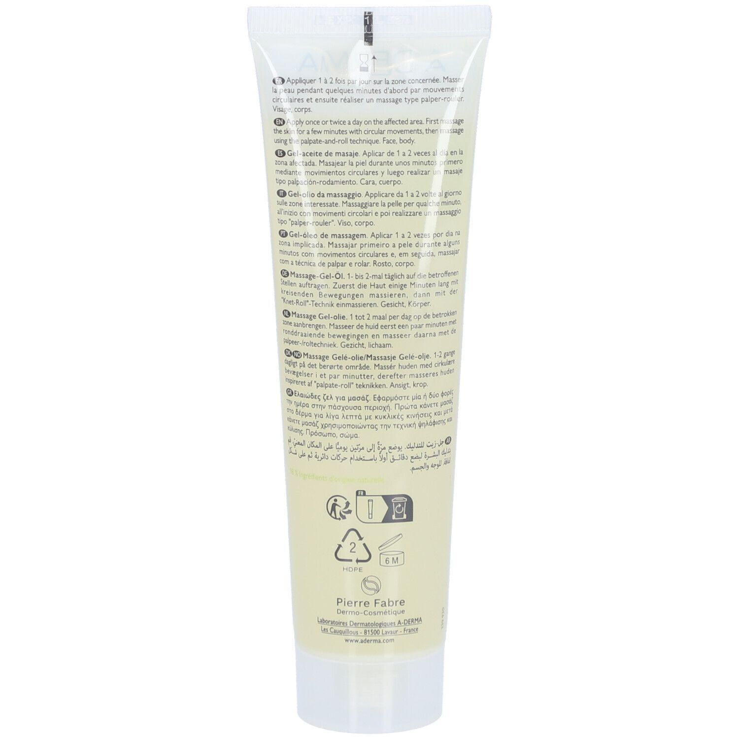 Rückseite der A-Derma Epitheliale Ultra Repair Tube. Text in mehreren Sprachen. Recycling-Symbole.