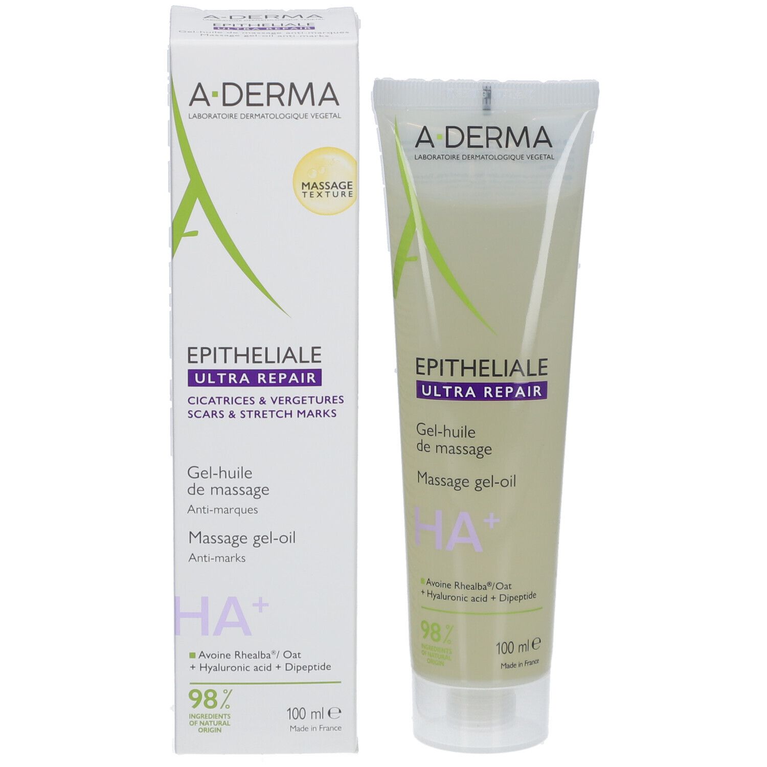 A-Derma Epitheliale Ultra Repair Massage Gel-Öl und Verpackung. Beschriftung: Narben & Dehnungsstreifen, 100 ml.
