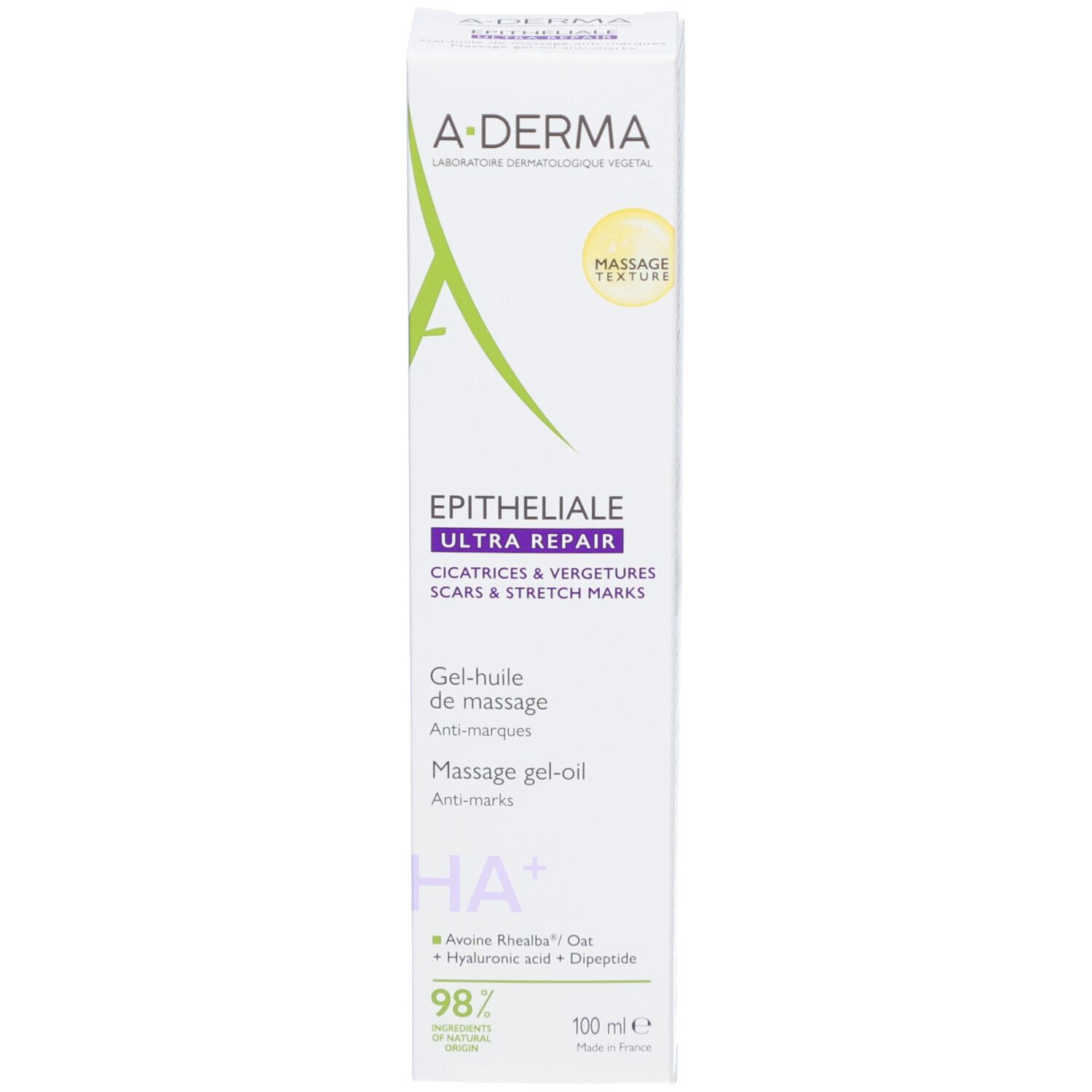 A-Derma Epitheliale Ultra Repair Verpackung. Beschriftung: Narben & Dehnungsstreifen. Massage Texture.