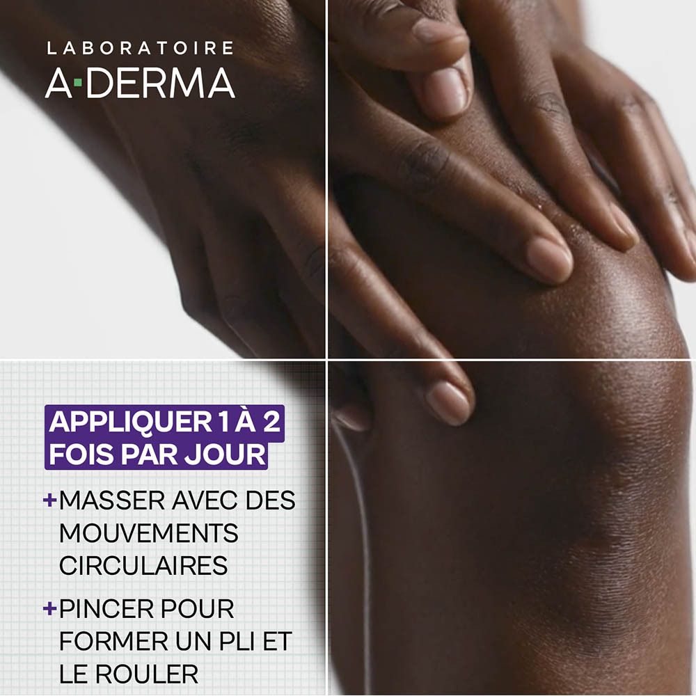 Mains massant le genou. Texte: Appliquer 1 à 2 fois par jour. Masser en mouvements circulaires.
