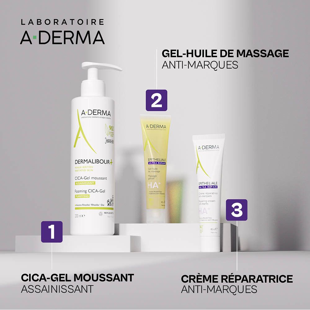 Produits A-Derma: Cica-Gel, Gel-huile de massage, Crème réparatrice.