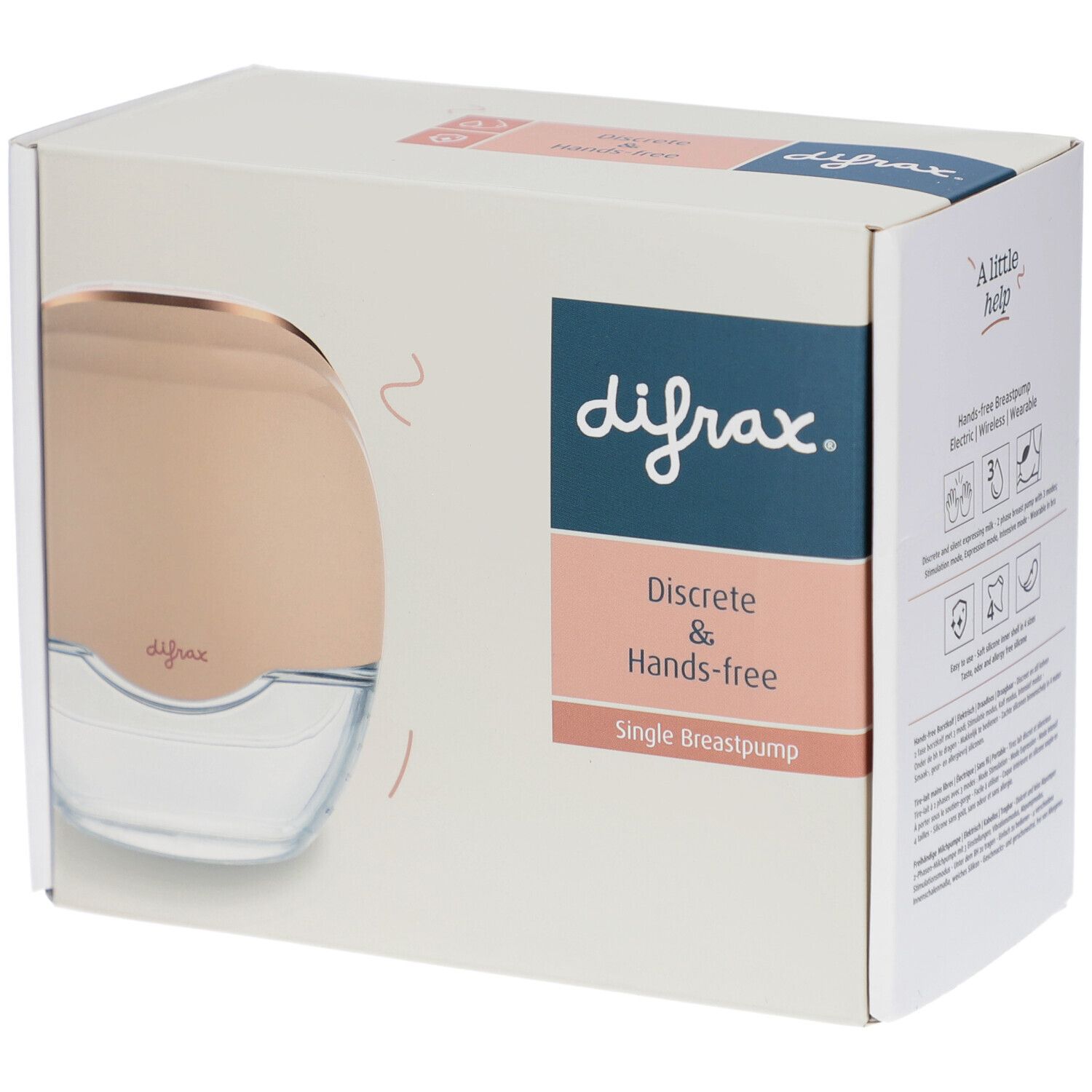 Verpackung mit Brustpumpe. Marke Difrax, hands-free und diskret. Rosa-goldenes Gerät in weißer Box.