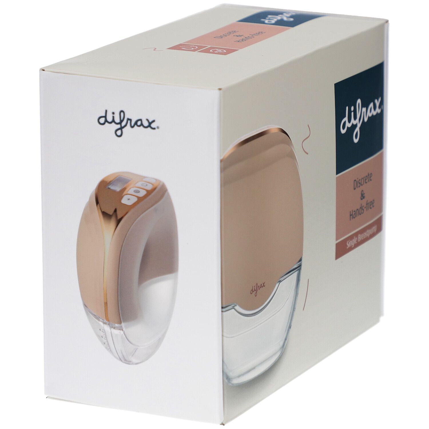 Verpackung mit Brustpumpe. Marke Difrax, hands-free und diskret. Rosa-goldenes Gerät in weißer Box.