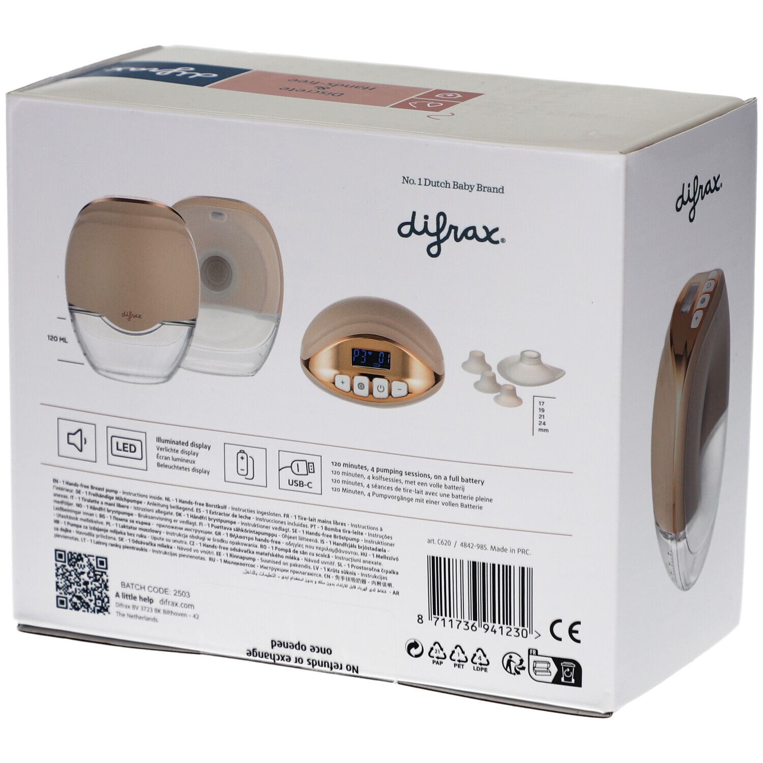 Rückseite der Verpackung mit Brustpumpe. Marke Difrax, hands-free. Abbildungen des Produkts und Zubehörs.